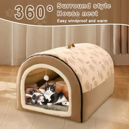 Cat & Dog Beds for Indoor, Warm Winter Dog House Mat, Detachable Plush Cotton Puppy Shelter, Washable Pet Cave Shelter