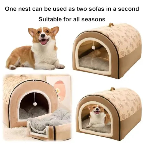 Cat & Dog Beds for Indoor, Warm Winter Dog House Mat, Detachable Plush Cotton Puppy Shelter, Washable Pet Cave Shelter